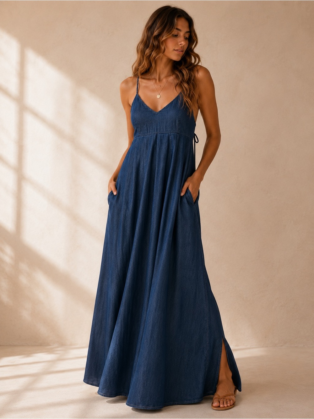 United Colors of Benetton Chambray Maxi Dress Spaghetti Strap Blue XS